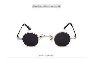 Front view of small round silver metal frame steampunk sunglasses with dark grey lenses