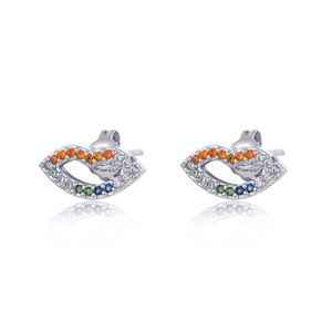 Symmetric colorful zircon lip-shaped earrings with white, blue, and green stones