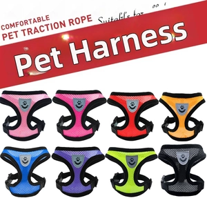 Detail view of eight colors of breathable mesh pet harnesses with reflective paw patches