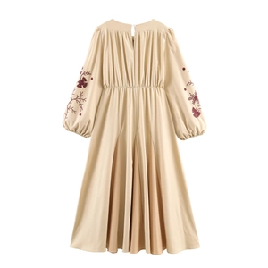 Elegant khaki long sleeve maxi dress with heavy embroidery and an A-line silhouette