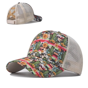 Ponytail baseball cap with floral cactus print and criss-cross elastic back opening
