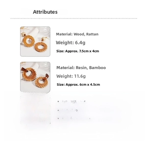 Detail of resin and bamboo geometric earrings with specific dimensions and weight data