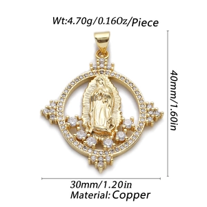 Detailed size chart for 14K gold-plated Virgin Mary pendant with dimensions and weight info