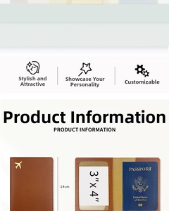 Detail view of brown leather passport cover featuring a gold plane logo and internal card slots