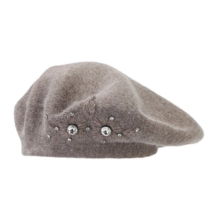 Brown knit rabbit fur beret for women with rhinestone floral embroidery detail