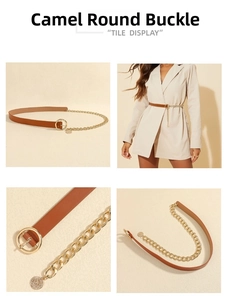 Detail view of camel leather waist belt with gold chain links and circular buckle