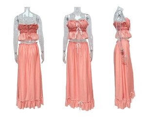 Detailed views of pink pleated camisole and maxi skirt set with texture details