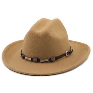Side view of khaki cowboy hat with brown leather strap and silver star metal studs