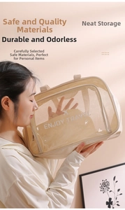 Woman holding high-quality cream mesh travel bag with Enjoy Travel logo design