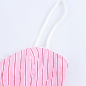 Detailed view of pink and white striped camisole top with delicate lace trim and thin straps