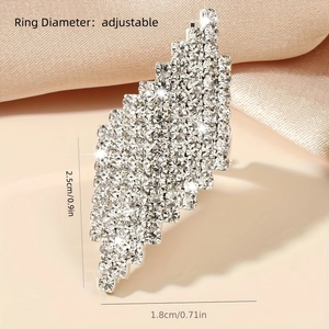 Luxury geometric rhinestone open ring with adjustable silver-plated band for women