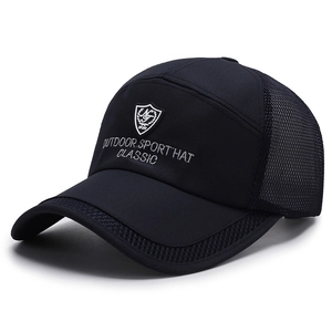 Breathable black outdoor sport baseball cap with mesh panel and classic shield embroidery