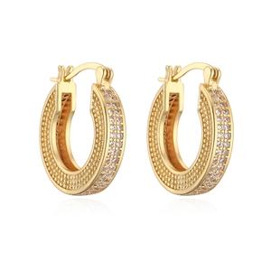 Exquisite gold-plated geometric hoop earrings with paved cubic zirconia on white background