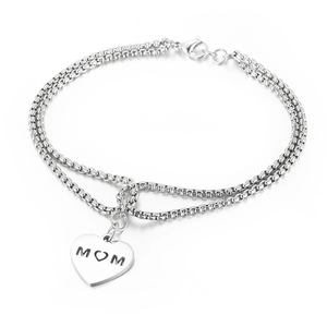 Double-layered stainless steel pearl chain bracelet with heart-shaped MOM pendant