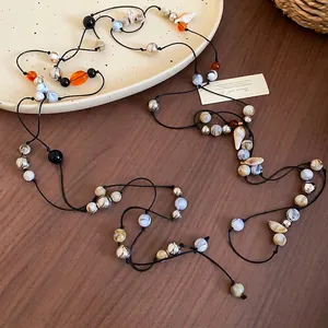 Bohemian leather cord waist chain with acrylic beads and shell pendants for women