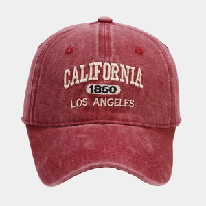 Detailed view of the red washed cotton canvas baseball cap with California embroidery