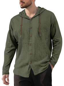 Detail of army green cotton linen hoodie shirt featuring buttons and drawstring hood