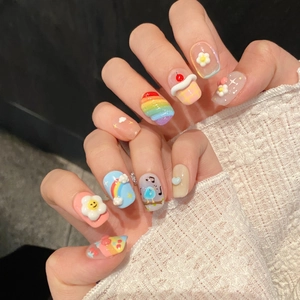 Handmade 3D cartoon press-on nails with colorful macaron floral and rainbow art