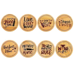 Set of 8 round wooden coasters with elegant wine themed artwork for home tabletop decor