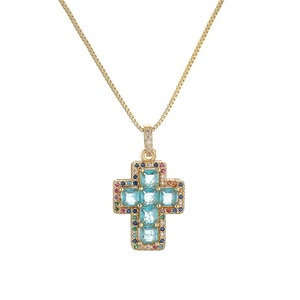 Cross necklace with gold chain and colorful micro-inlaid zircon pendant for women