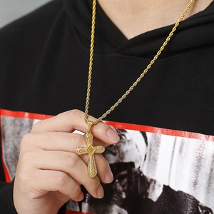 Polished gold titanium steel cross pendant necklace with twisted chain for men