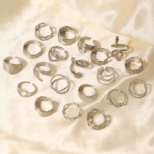 20-piece silver stainless steel open ring set with snake, feather and wave patterns