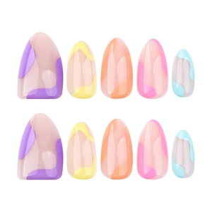 Short almond press-on nails with colorful abstract wave patterns and a glossy finish