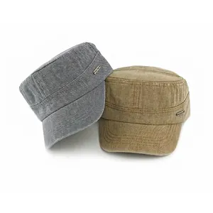 Flat top cadet caps in grey and khaki colors made of twill cotton with metal brand plaque