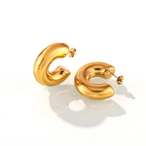 Polished 18k gold plated stainless steel chunky C-shaped stud earrings on white background
