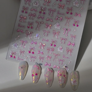 Adesivi per unghie 3D con fiocchi rosa, ciliegie e strass scintillanti, modello Co-388