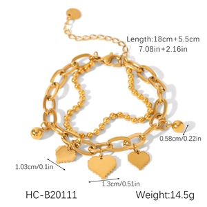 Detailed size specifications for a layered golden stainless steel heart and bead bracelet