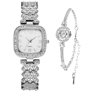 Silver square quartz watch and rhinestone bracelet set for women on white background
