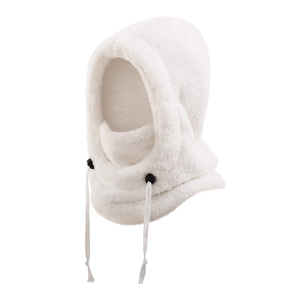 Close-up of thick white fleece balaclava hood with adjustable black cord stoppers