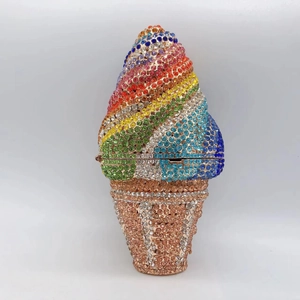 Close-up of rainbow crystal ice cream clutch bag with shimmering cone texture