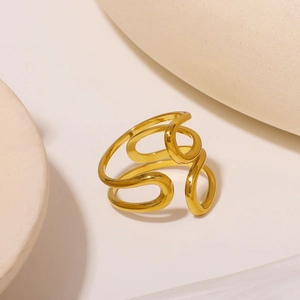Minimalist 18K gold plated stainless steel open ring with abstract wave design