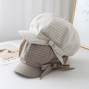 Japanese style plaid beret hats with ribbon bows in beige and coffee colors