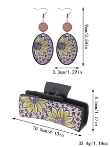 Detailed size chart for sunflower leopard hair clip and teardrop wood earrings set