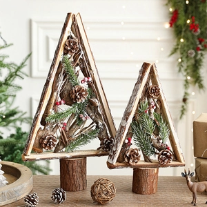 Christmas Tree Desktop Ornament Wooden Triangular Frame With Pine Cones Berries Nordic Rustic Holiday Decor