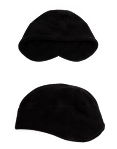 Detail view of black fleece winter hat showing ear flaps and stitching texture