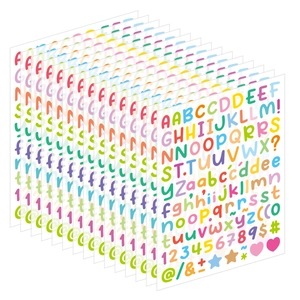 Isometric view showing 12 sheets of colorful alphabet and number stickers for DIY crafts