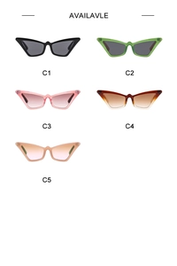 Five assorted cat-eye sunglasses in black, green, pink, and gradient tones on white