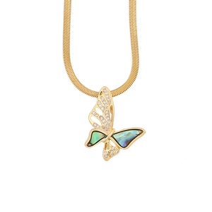 Golden flat snake chain necklace with a blue abalone shell butterfly pendant