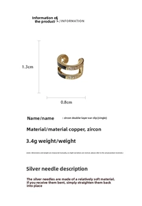 Detail view of double-layer zircon ear cuff with dimensions 1.3cm by 0.8cm and 3.4g weight