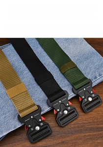 Detailed view of quick-release tactical belt buckles in khaki, black, and army green