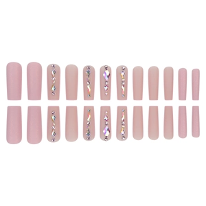 Pink matte press on nails in ballerina shape with iridescent rhinestone accents