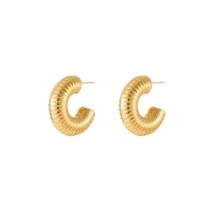 Elegant gold C-shaped hoop earrings with vintage spiral texture and hollow metal design