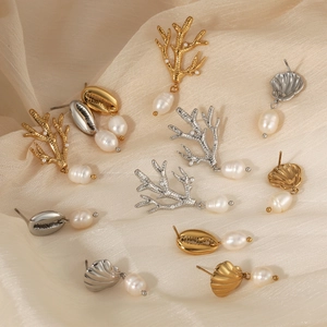 Marine series stainless steel coral and seashell earrings with freshwater pearls