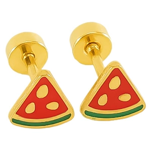 Minimalist stainless steel watermelon stud earrings with colorful enamel and gold finish
