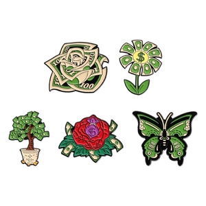 5-piece creative money-themed enamel pins featuring dollar bill roses and money tree set