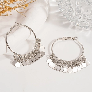 Minimalist silver multi-layered hoop earrings with cascading metallic disc tassels